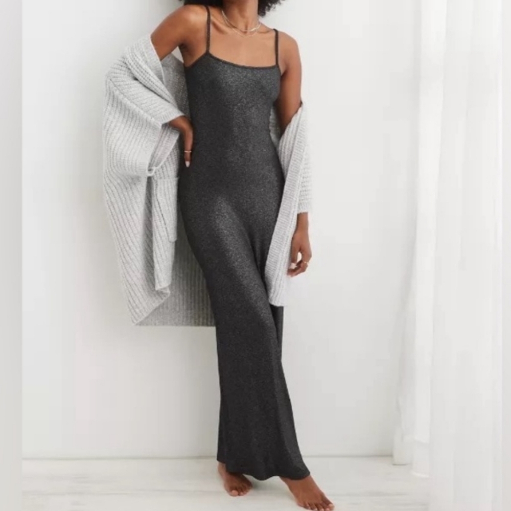 Aerie Black Chemise with Spaghetti Straps Glitter Maxi Dress